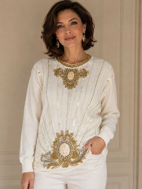 Vintage Helen Daniels Hand Beaded Sequin Sweater Ivory Gold 80s